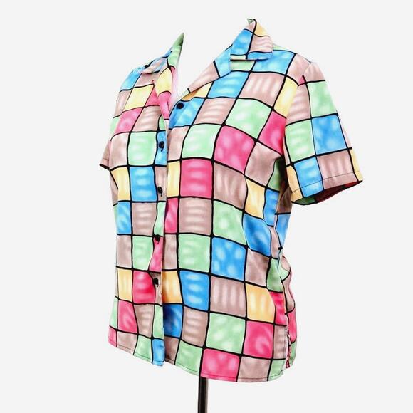 Notations Tops - Vintage Checkered Size M 90's Button Up Shirt Bright Pastels Novelty
